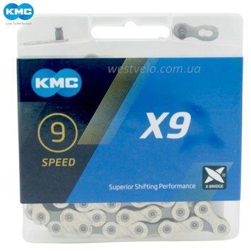 Ланцюг спорт 9 передач KMC X9 нікель-сірий, (1/2Х11/128Х116L) пластик + замок WVL-017-075 фото