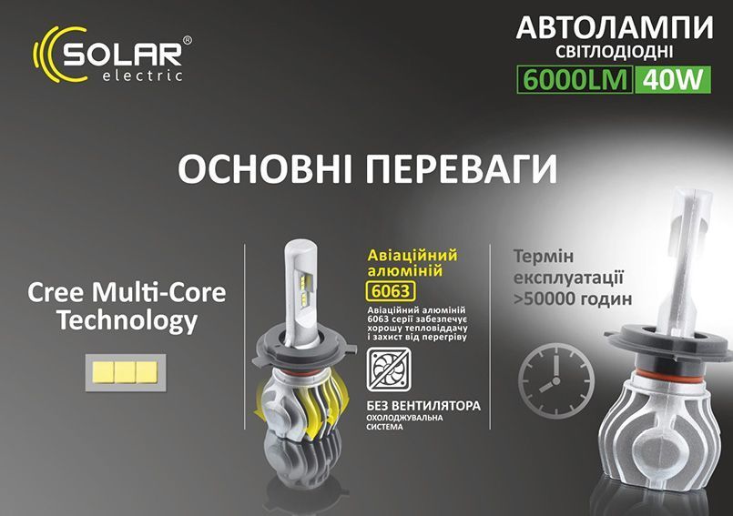 LED автолампа SOLAR H11 12/24V 6500K 6000Lm 50W Cree Chip 8611 фото