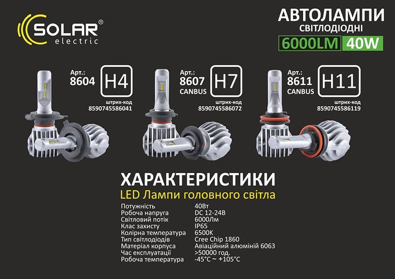LED автолампа SOLAR H11 12/24V 6500K 6000Lm 50W Cree Chip 8611 фото