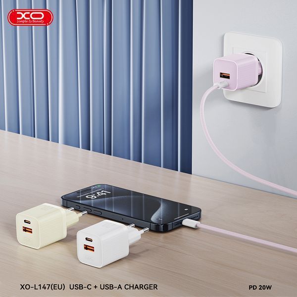 Мережевий зарядний пристрій XO L147 PD20W 1USB-A+1USB-C Type-C кабель білий storm_group__XO-L147+C фото
