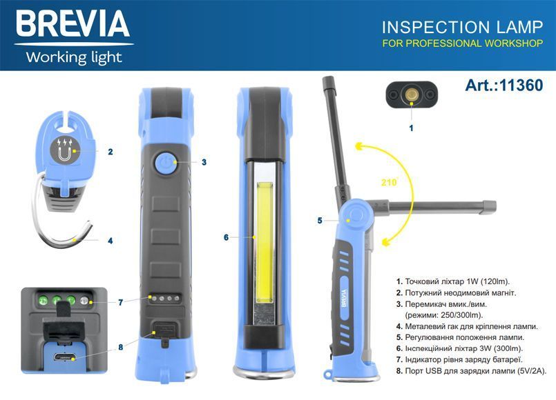Ліхтар LED інспекційний Brevia Ultra-slim 3W COB+1W LED 300lm 2000mAh+microUSB 11360 фото