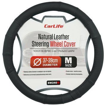 Чохол на кермо Carlife 37-39 см, шкіра, чорний SW240M SW240M фото