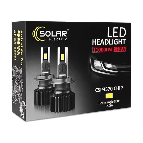 Автолампа Solar LED H7 12/24V 130W 11000Lm 6500K CSP3570 2шт 8707S2 8707S2 фото
