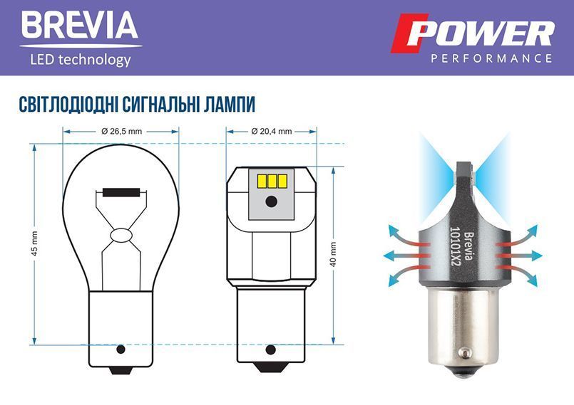 LED автолампа Brevia Power P21W 330Lm 6x3020SMD 12/24V CANbus, 2шт 10101X2 фото