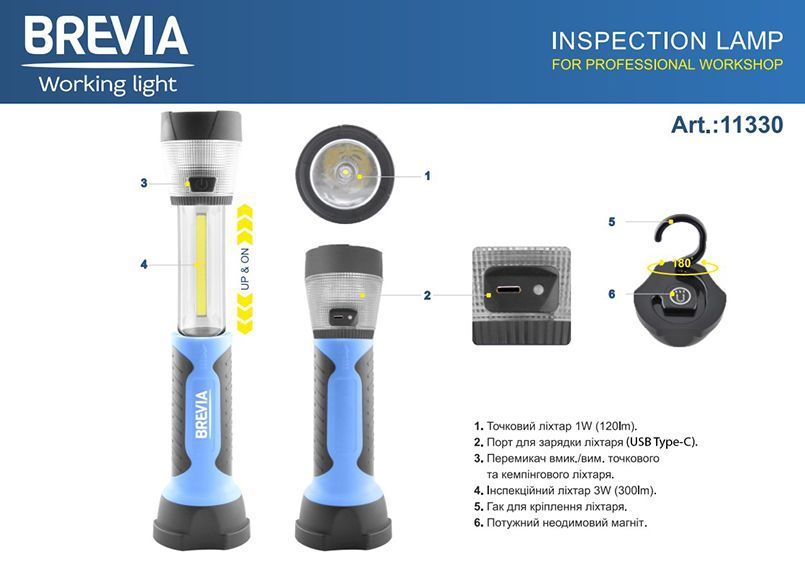 Фонарь LED инспекционный телескопический Brevia 3W COB+1W LED+8LED 300lm 2000mAh, адаптер AC 220 11330 фото