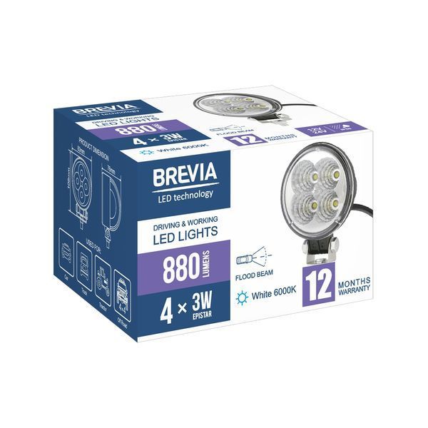 Фара світлодіодна Brevia EPISTAR Flood 10-30V, 12W (4x3W), 880Lm, 1шт 10601RFX1 10601RFX1 фото