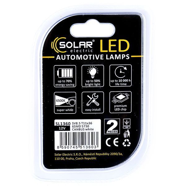 LED автолампа SOLAR 12V SV8.5 T11x36 6SMD white, 2шт SL1360 фото