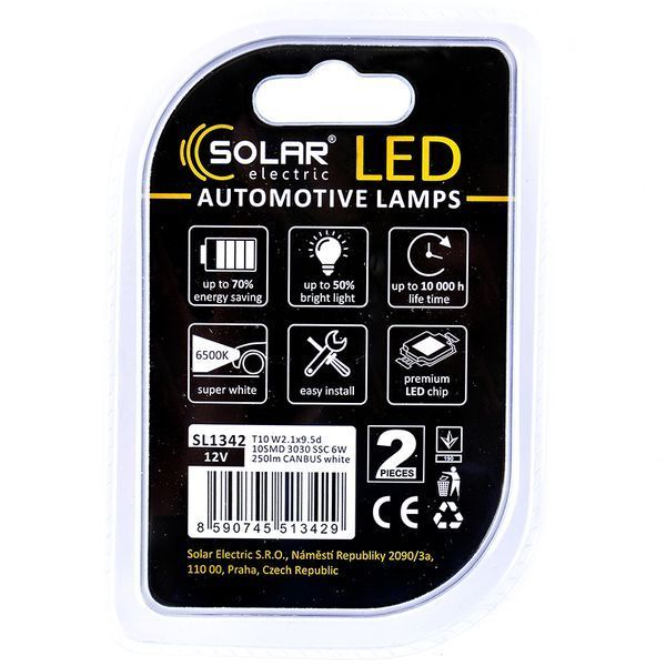 LED автолампа SOLAR 12V T10 W2.1x9.5d 10SMD white, 2шт SL1342 фото