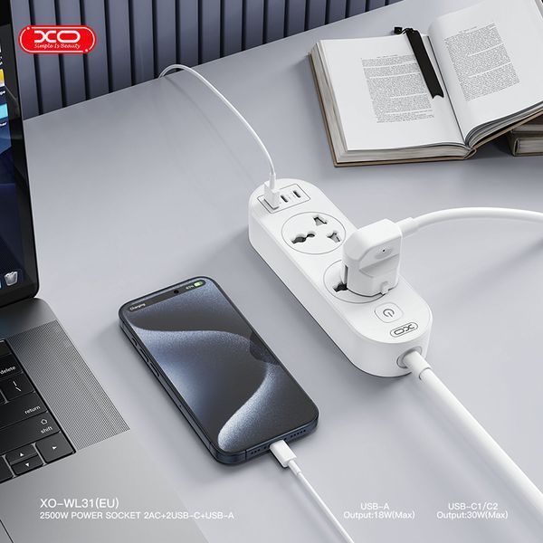 Мережевий фільтр XO WL31 30W (2 розетки +1USB-A+2USB-C) з головними вимикачем 1,5м. білий storm_group__XO-WL31 фото